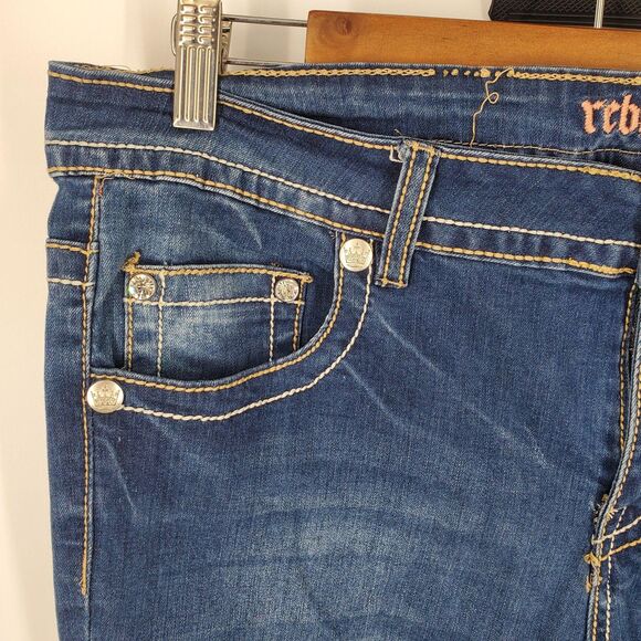 Rebel Soul Jeans Womens 14 Blue Straight Leg Embellished Pockets Stretch Denim - Picture 10 of 11